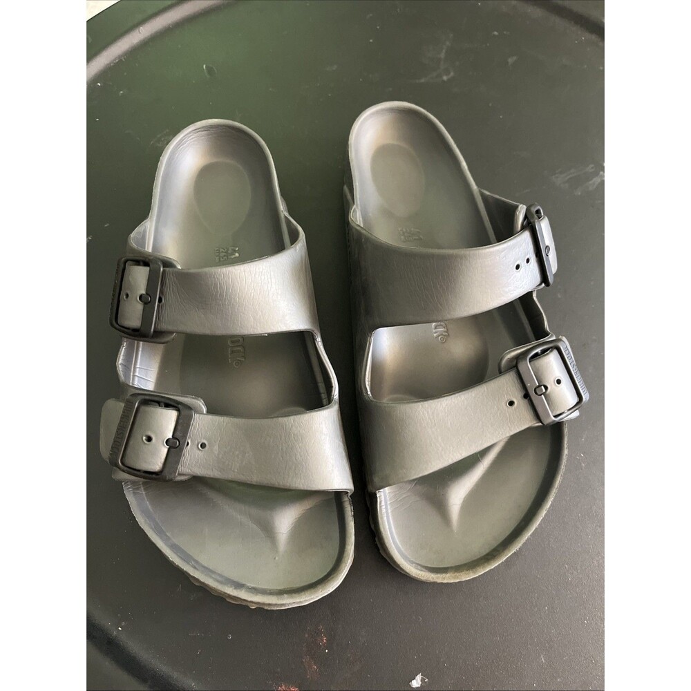 Birkenstock Silver Two-Strap Buckle Slide Sandals Adjustable Rubber US Men 8